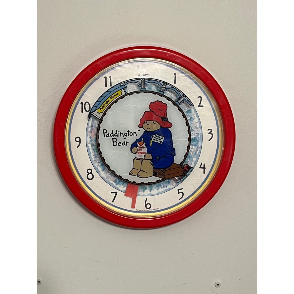 Vintage 1993 Spartus Paddington Bear Wall Clock Red 4575-41 Eden Toy train